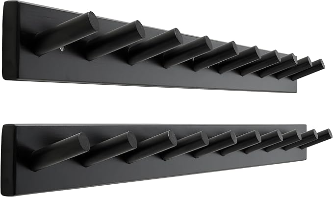 SKOLOO Wood Coat Rack Wall Mounted,10 Peg Long Bamboo Hook for Hanging Backpack Coat Towel Hat,16'' Hole to Hole,Pack of 2,Black by SKOLOO