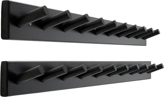 SKOLOO Wood Coat Rack Wall Mounted,10 Peg Long Bamboo Hook for Hanging Backpack Coat Towel Hat,16'' Hole to Hole,Pack of 2,Black by SKOLOO