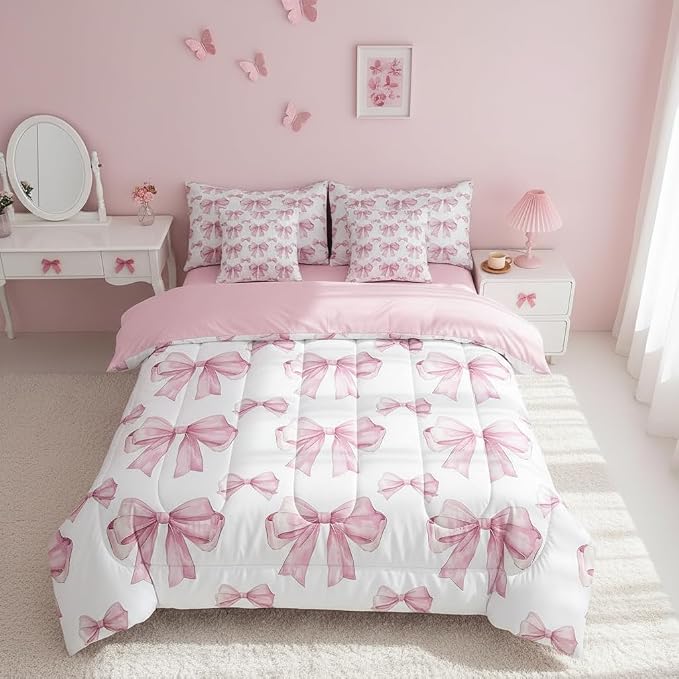 Erosebridal 7 Piece Pink Bowknot Kids Comforter Set Queen Bed in a Bag,Dreamy Princess Style Kids Girls Bedding Set for Women,Girly Bow Tie Bed Set,Romantic Valentine's Day Sheet Set Reversible Quilt - Image 7