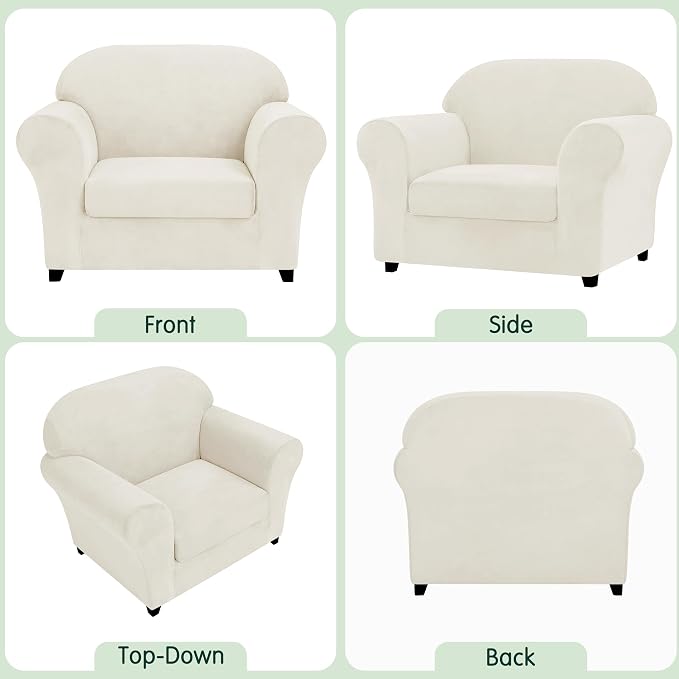 CHUN YI 2 Piece Velvet Armchair Cover Couch Covers 1 Cushion, Water Resistant Chair Slipcover with Arms, Non Slip High Stretch Thick Furniture Protector for Dogs Pets, Small, Ivory White - Image 5