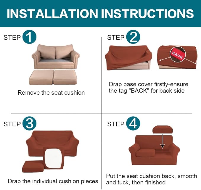 Turquoize 3 Piece Sofa Covers for 2 Cushion Couch Sofa Slipcover Soft Couch Cover for Dogs-Washable Sofa Furniture Covers with 2 Individual Cushion Covers, Thick Jacquard Fabric (Loveseat, Rust) - Image 6