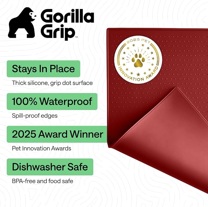 GORILLA GRIP 100% Waterproof Raised Edge BPA Free Silicone Pet Feeding Mat, Dog Cat Food Mats Contain Spills Protects Floors, Placemats for Cats and Dogs Water Bowl, Pets Accessories 26x17 Red - Image 2