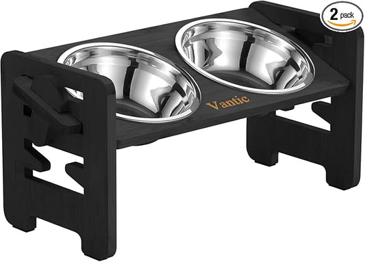 Vantic Elevated Dog Bowls, Raised Dog Bowl Stand Adjustable Small, Black | Bamboo Elevated Feeder with 2 Stainless Steel Bowls, Adjustable Height Stand for Small Puppies and Cats by Vantic