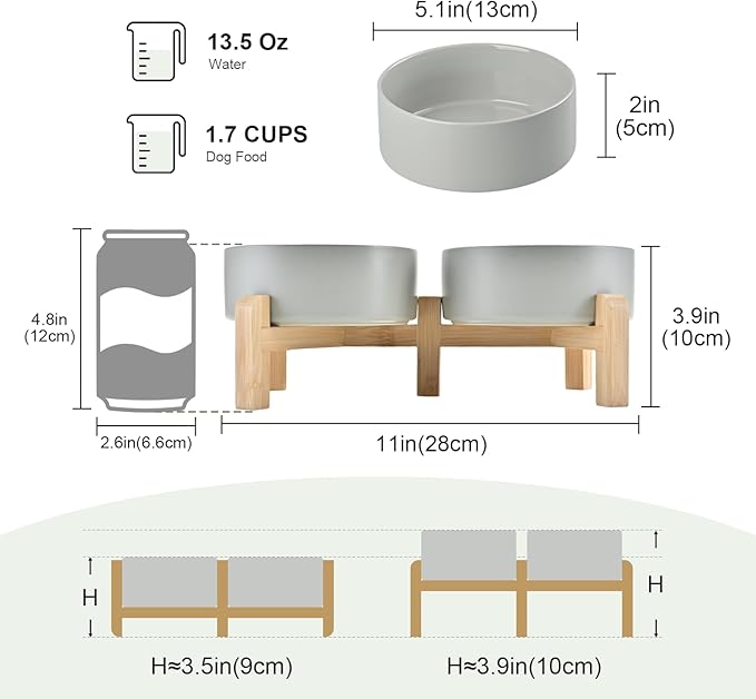 SPUNKYJUNKY Elevated Dog Bowls Ceramic, 5.1'' Dogs and Cat Food Water Bowls Raised with Non-Slip Bamboo Stand for Puppy Small Sized Breed Microwave Dishwasher Safe - 13.5 OZ,Grey - Image 2