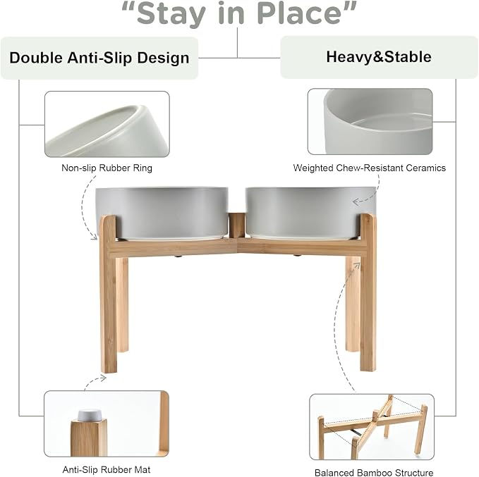 SPUNKYJUNKY Elevated Dog Bowls Ceramic, 8.3'' Dogs Food Water Bowls Raised with Non-Slip Bamboo Stand for Large Sized Breed Microwave Dishwasher Safe - 60 OZ,Grey - Image 4