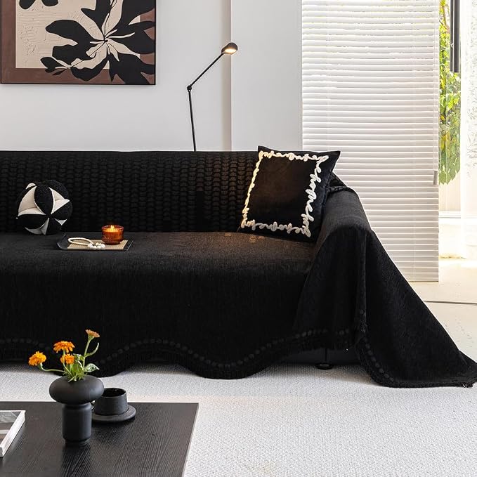 ROOMLIFE Black Couch Cover Sofa Covers, Chenille Couches Covers for 3 Cushion Sofas, Non Slip Soft Breathable Sofa Slipcovers for Pet, Washable Furniture Protector with Tassel,71''X134” - Image 9