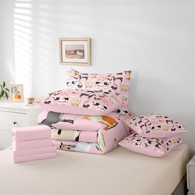 Erosebridal King Size Farm Animal Comforter Set with Sheets Boys Girls Cartoon Animals 7 Piece Bedding Sets for Kids Cute Rustic Pink Bed in A Bag Funny Country Animal Theme Bed Set - Image 7
