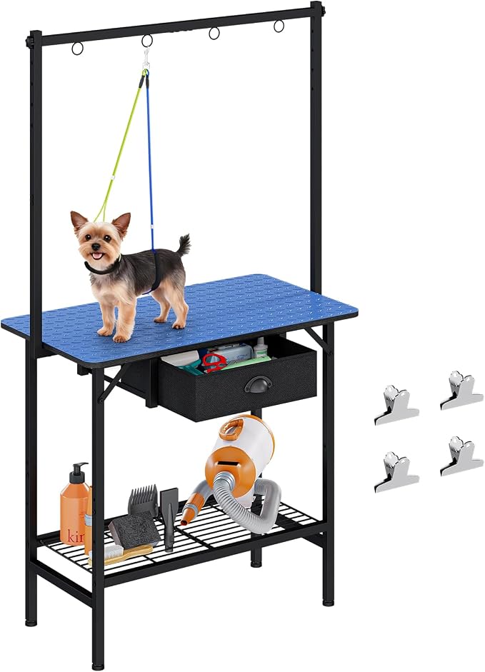 32-Inch Dog Grooming Table with Drawer & Mesh Tray,Adjustable Pet Grooming Table with Non-Slip Removable Washable Mat & EVA Protective Lanyard, Professional Grooming Table for Small Dog at Home（Blue） by Cutogxon