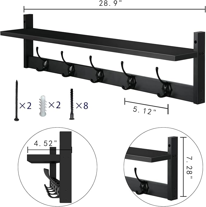 AMBIRD Wall Hooks with Shelf Entryway Hanging Wood Coat Hooks with Shelf Wall-Mounted Coat Hook Rack with 5 Dual Hooks for Bathroom, Living Room, Bedroom (Stylish Black) - Image 6