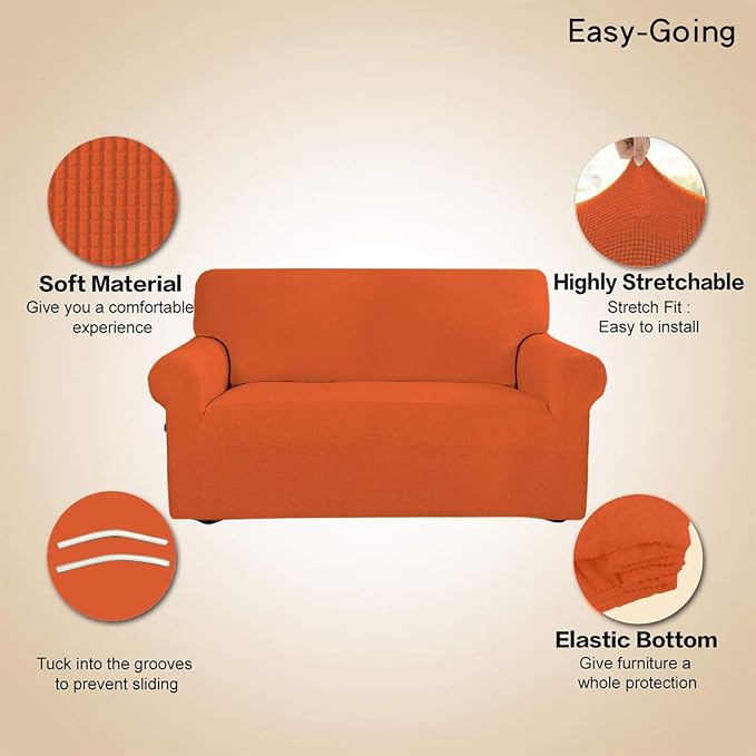 Easy-Going Stretch Loveseat Couch Covers Washable Orange | 1-Piece Loveseat Covers for 2 Cushion Couch Furniture Protector RV Sofa Slipcover Soft with Bottom for Kids Pets - Image 3