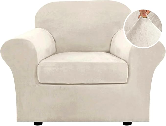 H.VERSAILTEX Rich Velvet Stretch 2 Piece Cover Chair Slipcover Sofa Cover Furniture Protector Couch Soft with Elastic Bottom Chair Couch Cover with Arms Width Up to 49 Inch(Chair, Ivory) by HVERSAILTEX