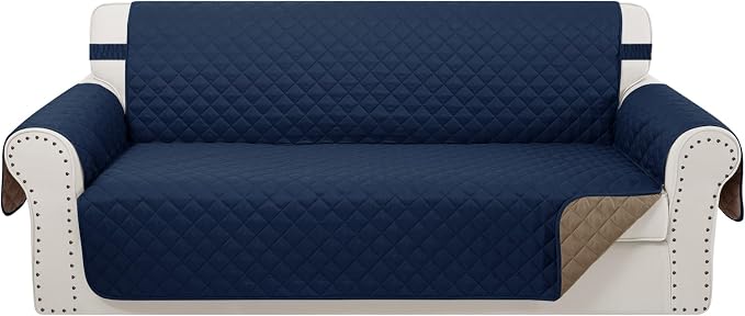 Reversible 4 Seater Sofa Cover 91" Large, Sofa, Navy/Camel | Couch Cover Furniture Protector with Foam Sticks Elastic Straps Furniture Protector for Pets Children Dog Cat by LuxshareHome