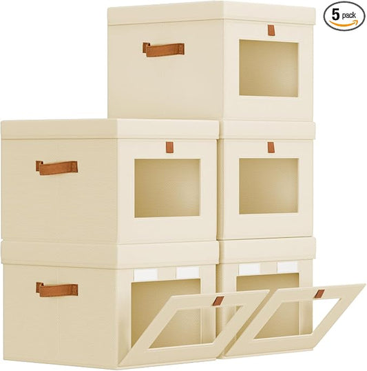 Homsorout Storage Bins with Lid – Closet Organizer with Side Opening and Clear Window, Foldable Stackable Fabric Basket for Clothes, Home, Office - 13.77" x 11.8" x 9.8", 5 Pack, Beige by Homsorout