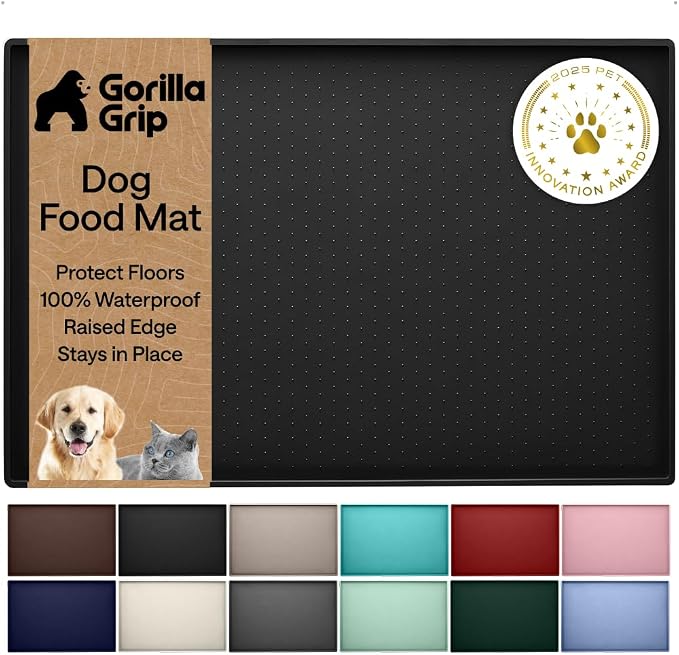 GORILLA GRIP 100% Waterproof Raised Edge BPA Free Silicone Pet Feeding Mat, Dog Cat Food Mats Contain Spills Protects Floors, Placemats for Cats and Dogs Water Bowl, Pets Accessories 26x17 Black by Unknown