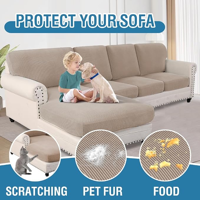H.VERSAILTEX Sectional Couch Covers 8 Pieces Stretch Sofa Covers for Sectional Sofa Set Separate L Shaped Couch Cover for Both Left/Right Couch (Seat and Back: 1 Chaise + 3 Sofa, Sand) - Image 7