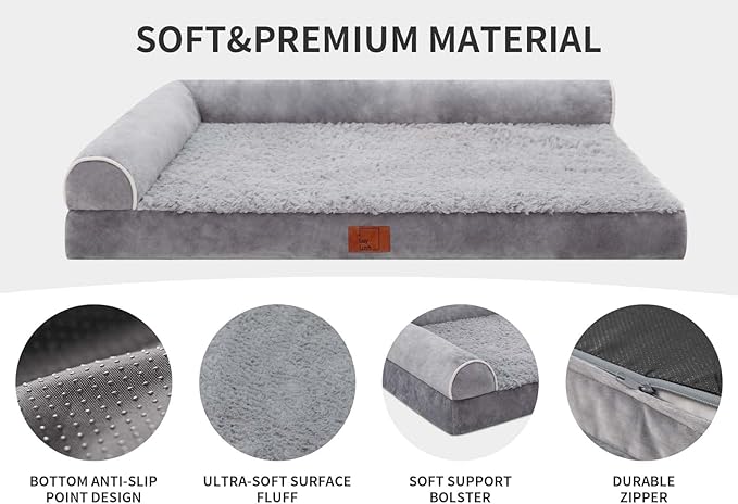 Orthopedic Dog Bed, Pet Sofa with Bolster for Extra Large Dogs | Egg Crate Foam, Removable Washable Cover, Waterproof Lining, Non-Slip Bottom, L-Shape, Cozy Plush, 42 x 30 Inch, Grey - Image 3