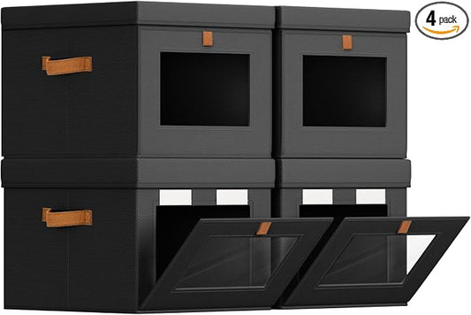 Homsorout Storage Bins with Lid – Closet Organizer with Side Opening and Clear Window, Foldable Stackable Fabric Basket for Clothes, Home, Office - 13.77" x 11.8" x 9.8", 4 Pack, Black by Homsorout