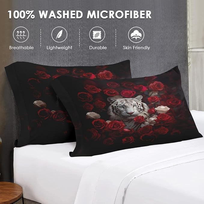 WeCozy Full Size Bed Sheet Sets with Pillowcases, White Tiger Animal 4 Pcs Soft Microfiber Bedding for Kids and Adults, Beautiful Red Rose Flower Flat, Fitted Sheet for Bedroom Bed Decor - Image 7