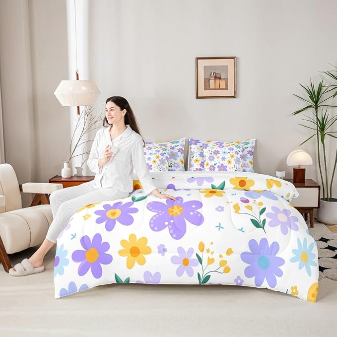 Feelyou Cute Flower 7 Piece Bedding Set Full Size Kids Cartoon Cute Floral Bed in a Bag for Girls Teens Purple Yellow Comforter Set with Sheets Kawaii Bed Set - Image 4