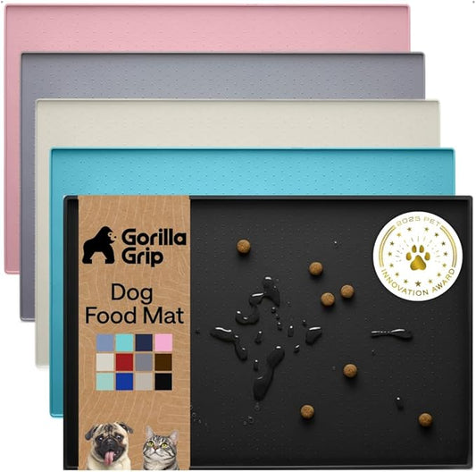 GORILLA GRIP 100% Waterproof Raised Edge BPA Free Silicone Pet Feeding Mat, Dog Cat Food Mats Contain Spills Protects Floors, Placemats for Cats and Dogs Water Bowl, Pets Accessories 18.5x11.5 Black by Unknown