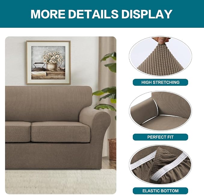 Turquoize 4 Piece Sofa Covers for 3 Cushion Couch Sofa Slipcover Soft Couch Cover for Dogs-Washable Sofa Furniture Covers with 3 Individual Large Cushion Covers (XL Sofa, Macchiato) - Image 4