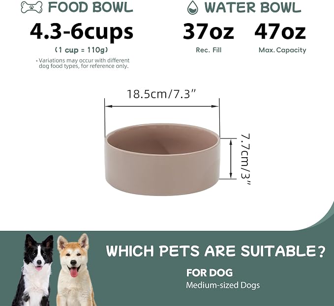 Havniva Ceramic Dog Bowls, Dog Food and Water Bowl Set, Dog Water Bowl | 7.3” Ceramic Dog Food Bowls with Non-Slip Rubber Base, Large Capacity, Dog Feeding Bowls for Medium Dogs - Image 2