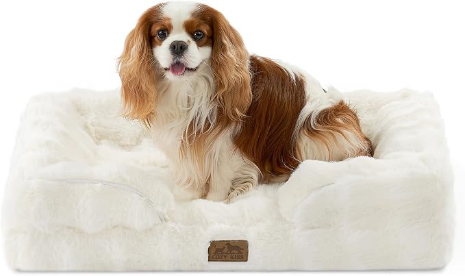 COZY KISS Orthopedic Dog Bed for Medium Small Size Dog, Soft and Warm Faux Fur Sofa for Pet Up to 40 lbs, Foam Bolster Anti-Slip Couch with Washable Removable Cover, M 30x20x6.5 inch, Beige by COZYKISS