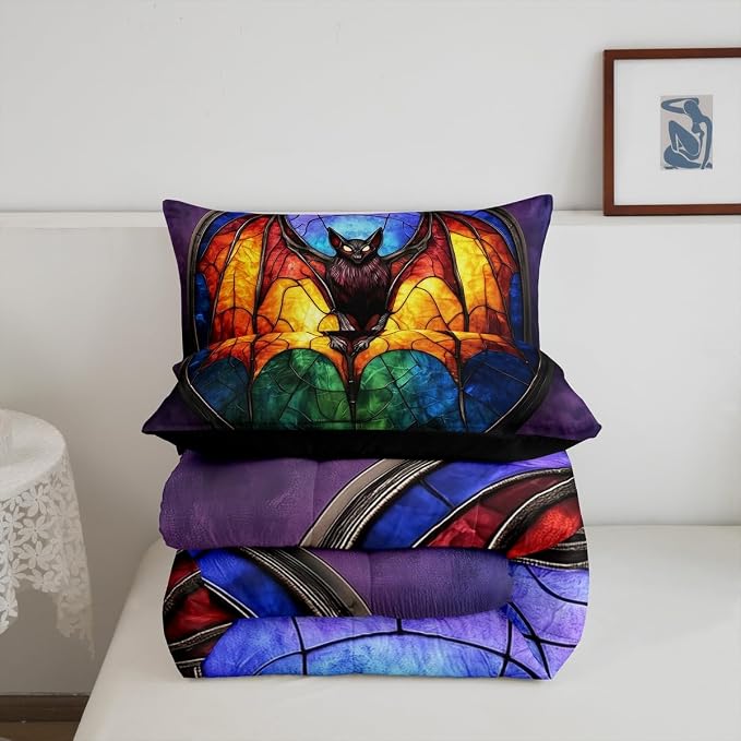 Manfei Halloween Bat Comforter Set King Size,Mystic Bat Wild Animal Bedding Set for Kids Girls Boys Room Decor,Spider Web Geometric Soft Duvet Insert for All Season,2 Pillowcase,Dark Purple Green - Image 7