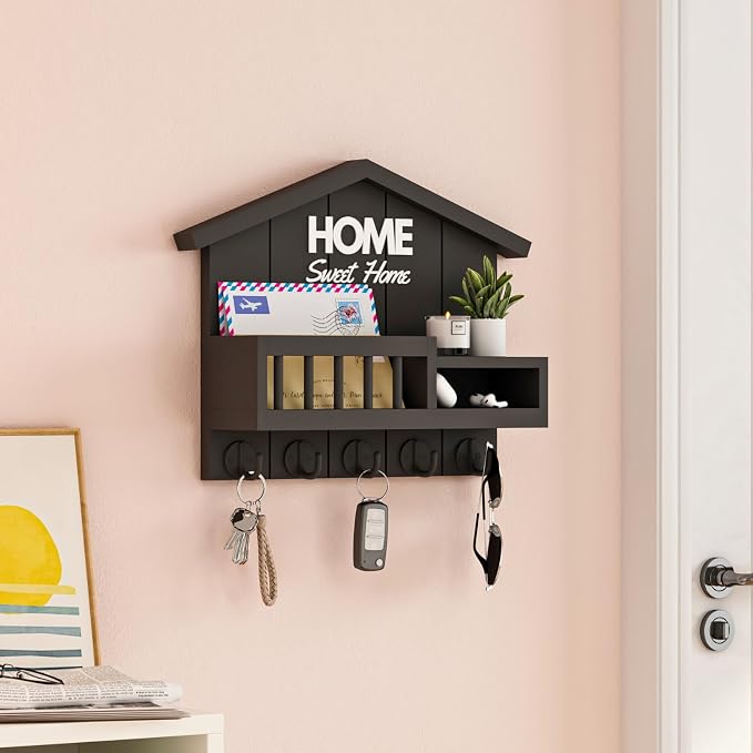 Key and Mail Holder for Wall, Wall Key Holder with Shelf, Home Key Holder for Wall, Wood Black Key Holder Wall Mount, Mail Organizer Wall Mounted, Entryway & Front Door Key Holder with 5 Hooks - Image 5