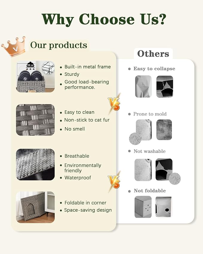 SETVSON Cat Houses for Indoor Cats Extra Large Double Cat Cave, Gray | Spacious Multi-Cat House, Furniture End Table Look, Soft Washable Cushion, Sturdy Metal Frame, 18.5x20.5x19.1 In Woven Cube - Image 4