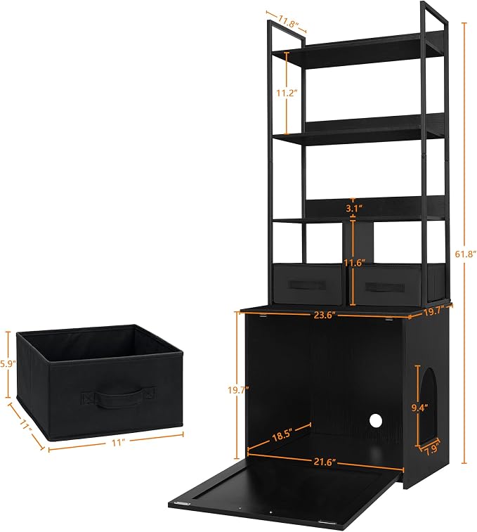 DWANTON Litter Box Enclosure with 3 Storage Shelves and 2 Drawers, 2-in-1 Hidden Cat Litter Box Enclosure Furniture with Shelf, Reversible Entrance, Washable Drawers, 61.8-Inch, Black - Image 3
