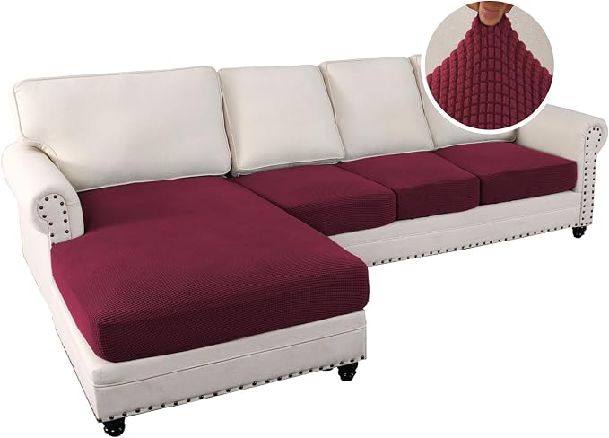 H.VERSAILTEX Sectional Couch Covers 4 Pieces Sofa Seat Cushion Covers L Shape Separate Cushion Couch Chaise Cover for Both Left/Right Sectional Couch (Seat Only: 1 Chaise + 3 Sofa, Burgundy) - Image 2