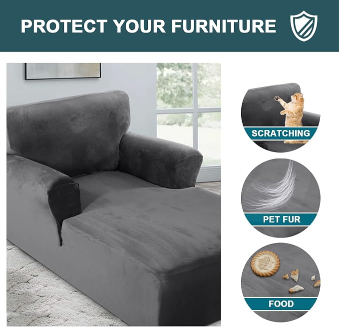 FantasDecor Velvet Chaise Lounge Cover Stretch Double Arm Chair Slipcover for Living Room Bedroom Soft Plush Fabric Machine Washable, Grey - Image 5