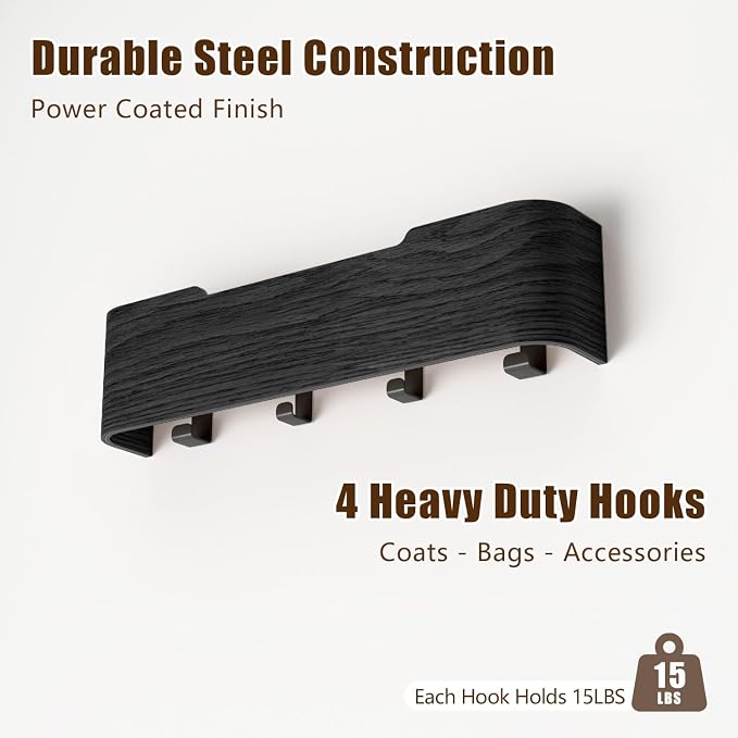 Coat Rack Wall Mount with Hidden Hooks, Wall Hooks with Shelf, Wall Key Holder Mount Wooden Shelf Entryway Hooks for Bedroom Bathroom for Hanging Coats Hats Bags Towels (Black, 4 Hooks) - Image 6