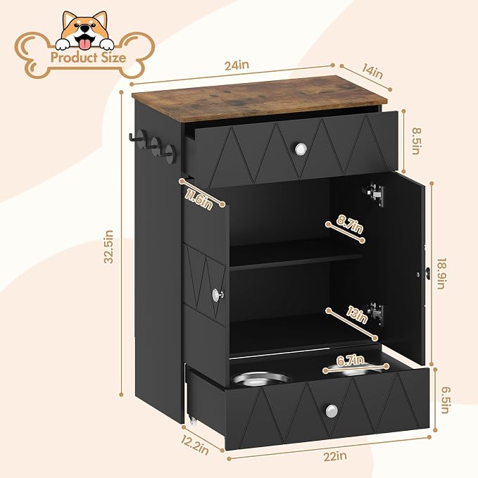 Pet Feeding Station with Storage, Raised Dog Bowls, Pet Feeder Cabinet, with Adjustable Shelves, Rolling Drawer, Hooks, for Feeding & Watering Supplies (Black) - Image 9