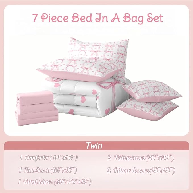Erosebridal Pink Bow 7 Piece Comforter Set Twin Bed in A Bag for Girls Ribbon Bowknot Love Bedding Set Kawaii Room Decor Trendy Princess Bed Set Girly Pink Bows Heart Bowtie Sheet Set with Comforter - Image 7