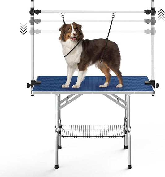 Lyromix 36'' Stainless Steel Pet Dog Grooming Table, Arm/Noose/Tray, Blue | Foldable Dog Grooming Table for Dogs at Home, Adjustable Height Arm, Non-Slip Waterproof Tabletop, Capacity 330Lb by Lyromix
