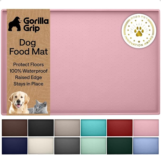GORILLA GRIP 100% Waterproof Raised Edge BPA Free Silicone Pet Feeding Mat, Dog Cat Food Mats Contain Spills Protects Floors, Placemats for Cats and Dogs Water Bowl, Pets Accessories 16x10, Pink by Unknown
