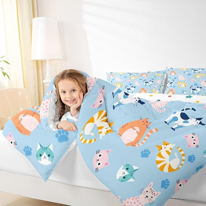 Feelyou Twin Size Cute Colorful Cat Bedding for Kids Teen Girls Room Decor Cat Comforter Set Kawaii Blue Pink Kitten Quilt Feline Paw Bed Sets Ultra Soft Microfiber with 2 Piece - Image 2