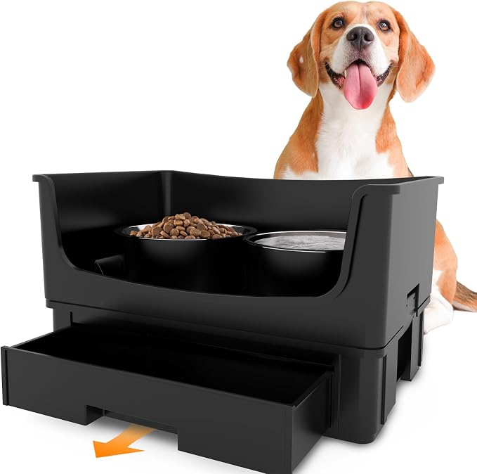 Mess Proof Raised Dog Bowls,Elevated Dog Bowl Stand Set 2 Stainless Steel Food Bowls,Splash Water Collection Non-Slip Medium Sized Feeding Table by HIKINGO