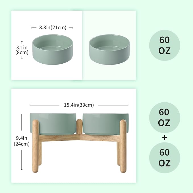 SPUNKYJUNKY Ceramics Elevated Dog Bowls with Wooden Stand Raised Bowl for Medium Large Dog Food and Water Pet Feeding Bowl(Double 60OZ Bowls,Light Green) - Image 2
