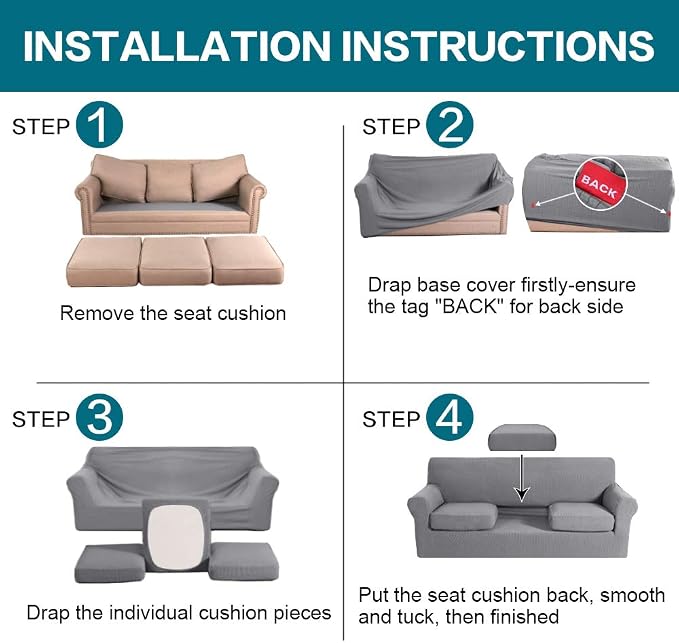 Turquoize 4 Piece Sofa Covers for 3 Cushion Couch Sofa Slipcover Soft Couch Cover for Dogs-Washable Sofa Furniture Covers with 3 Individual Cushion Covers, Feature Jacquard Fabric(Dove) - Image 6
