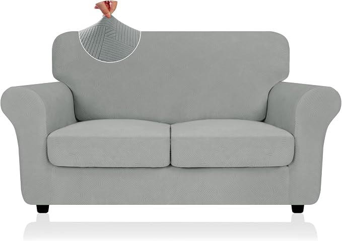 ZNSAYOTX 3 Piece Stretch Loveseat Covers (55"-69"), Thick Striped Sofa Covers for 2 Cushion Couch with Elastic Band Bottom Ties Non-Slip Stay in Place, Soft Durable Love Seat Slipcovers, Light Grey by ZNSAYOTX