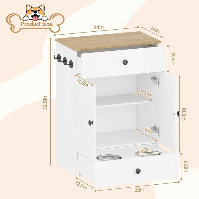 Pet Feeding Station with Storage, Raised Dog Bowls, Pet Feeder Cabinet, with Adjustable Shelves, Rolling Drawer, Hooks, for Feeding & Watering Supplies (Light) - Image 2