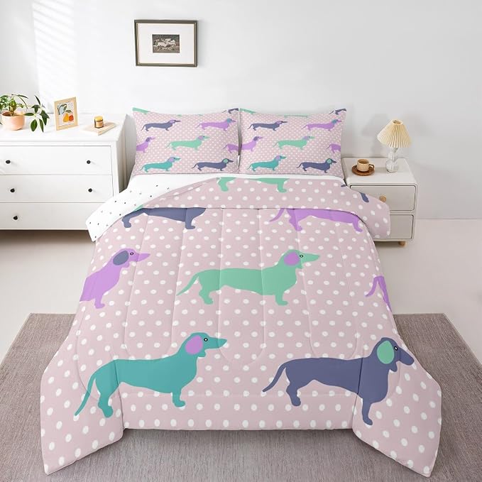 Feelyou Dog Printed Comforter Dachshund Decor Bedding Bed Set for Kids Boys Girls Abstract Pet Puppies Comforter Set Polka Dots Dog Pink Quilt Collection 3Pcs Full Size Boys - Image 4