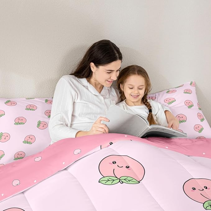 Erosebridal Peach Comforter Set Queen for Girls Women Kids Cute Cartoon Red Fruit Printed Reversible Bedding Set Kawaii Decor Soft Warm Quilt Duvet Set Pink Nature Plant Comforter - Image 5
