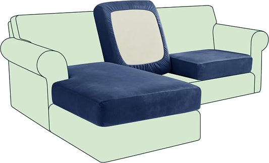 CHUN YI Velvet Couch Cushion Covers, 3 PC Water Resistant Sectional Couch Covers for L Shape Sofa, Individual Seat Cushion Protector for Pets (2 Seater + 1 Chaise, Navy Blue) by CHUNYI