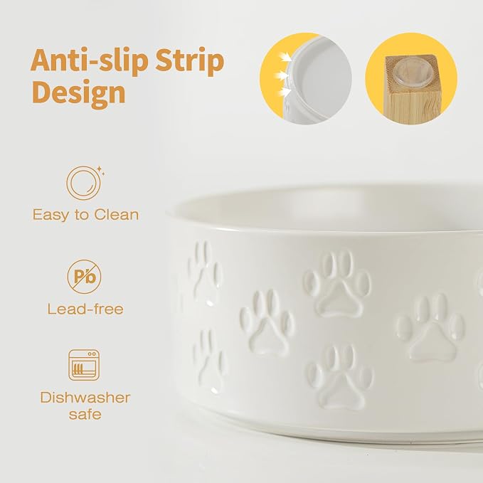 Elevated Ceramic Dog Bowl Set, Anti-Skid Bamboo Stand, White, 6.1 inch | Food and Water Bowls with Fixed Non-Slip Rubber Ring, Microwave Safe, Easy to Clean, 3.5 Cup per Bowl, for Small Breed Dogs - Image 5