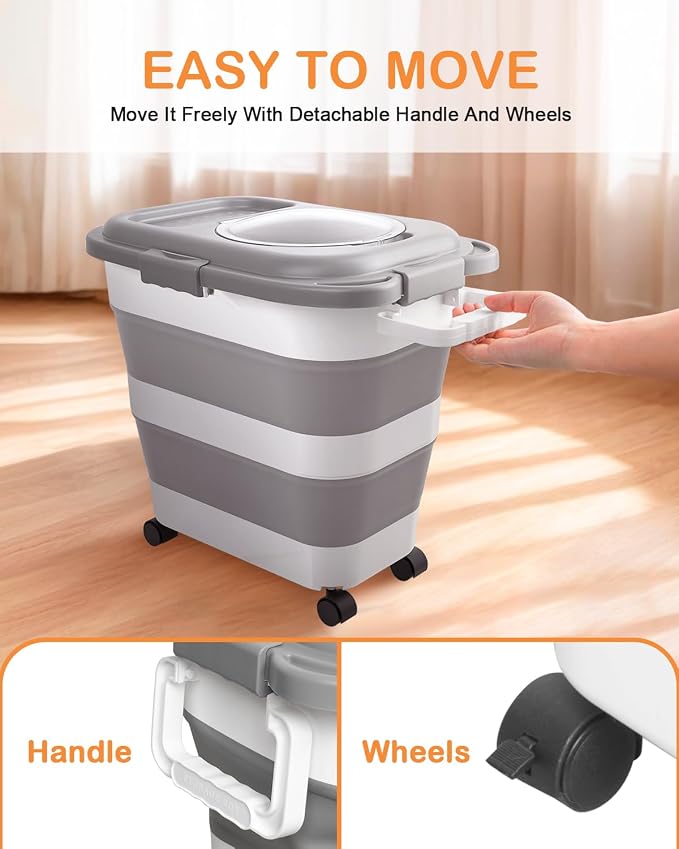 25-28Lbs Dog Food Storage Container Airtight,Collapsible Pet Food Storage | Dog Food Container with Handle,Wheels,Double Airtight Seal Fresh,Save Space,Pest/Mouse-proof,Small Cat Food Container,Scoop - Image 6