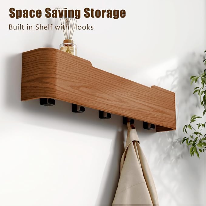 Coat Rack Wall Mount with Hidden Hooks, Wall Hooks with Shelf, Wall Key Holder Mount Wooden Shelf Entryway Hooks for Bedroom Bathroom for Hanging Coats Hats Bags Towels (Walnut, 5 Hooks) - Image 2